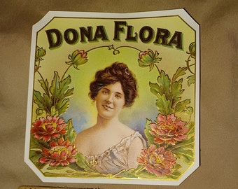 Vintage Dona Flora Cigar Box Label 4.5 x 4.5 Embossed with Gold Highlights EUC Lady with Flowers Brown Hair