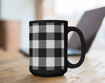 Black and White Plaid Buffalo Check Ceramic Mug 15 oz Capacity