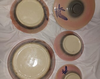 5 Pc Nesting Bowls Set with Lid Blue Bonnets Athens Pottery Vintage EUC Pink