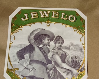 Jewelo Cigar Box Label Vintage 1920s Musketeer and Lady Embossed and Gilded Green Tobacciana