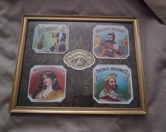 Set of 5 Vintage Cigar Labels Framed Glass Medieval Theme Princess Prince Wizard Knight Paid in Full