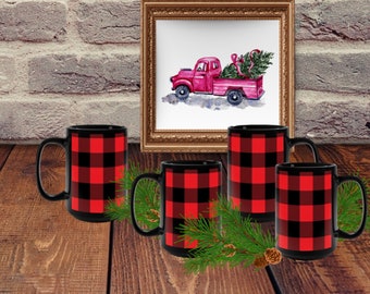 Stylish 15 oz Red Black Check Plaid Mug, Ceramic Coffee Cup, Trendy Kitchen Decor, Christmas Gift, Winter Mug Set of 4