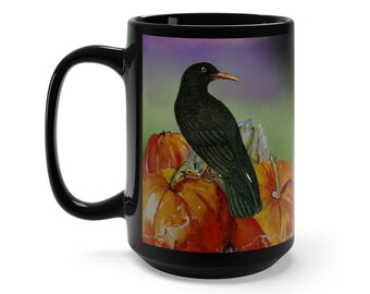 Large Black Ceramic Crow Pumpkin Mug, Halloween Goth Tea Cup, Spooky Coffee Mug 15 Ounces