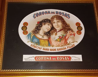 Framed Cigar Box Label 11.5 x 10 Coronas De Rosas Vintage