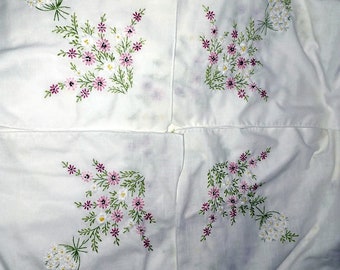Hand Embroidered White Table Cloth 70 x  40 inches Queen Annes Lake French Knots Beautirul