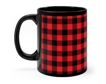 Large Red & Black Buffalo Plaid Mug, 11 oz, Country Chic Coffee Cup, Cabin Decor, Gift for Him, Camping Mug