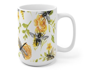 White Ceramic Mug Bees Dragonflies Yellow Roses Botanical Design Large 15 Ounces