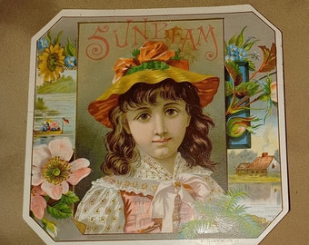 Sunbeam Vintage Cigar Box Label 4.5 x 4.5 " Brown Eyed Girl with Hat Sunflowers Rare Find
