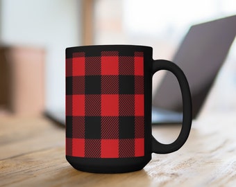 Classic Red Black Buffalo Check Mug, 15 oz, Breakfast Tea Cup, Cozy Cabin Decor, Camping Gift, Kitchen Essential