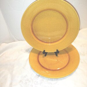 May include: Two yellow ceramic plates with a brown rim are displayed on a black stand. The plates have a simple, classic design and a matte finish. The plates are likely for serving food and add a touch of warmth to any table setting.