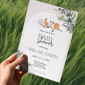 Invito per baby shower a tema safari, invito per baby shower a tema giungla, biglietto per baby shower a tema animali, stampabile per baby shower a tema safari, baby shower a tema safari