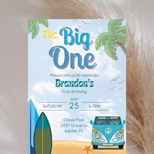 Surf&#39;s Up First Birthday Invitation: Beach Theme (Editable Canva Template, Digital Download)