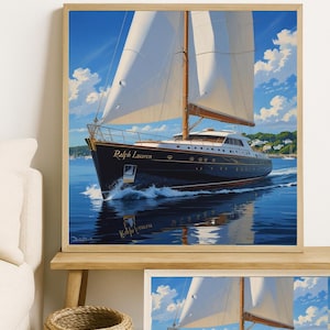 Luxury Yacht Wall Art Print – Ralph Lauren Sailboat Painting, Nautical Coastal Decor, Ocean Yacht Artwork, Beach House Wall Print