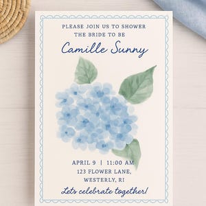 Hydrangea Bridal Shower Invitation, Blue Floral Printable invite, Preppy wedding shower template, watercolor design, digital download,