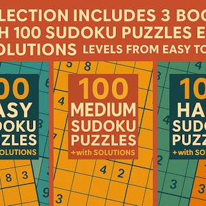 300 SUDOKU Puzzles with Solutions Bundle 3 (Easy, Medium, Hard) – A4 PDF – Instant Download