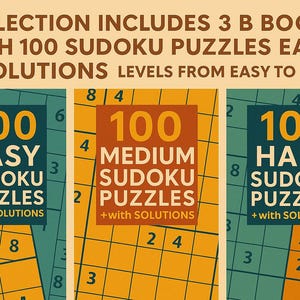 300 SUDOKU Puzzles with Solutions Bundle 1 (Easy, Medium, Hard) – A4 PDF – Instant Download
