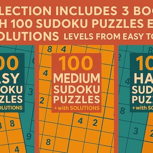 300 SUDOKU Puzzles with Solutions Bundle 7 (Easy, Medium, Hard) – A4 PDF – Instant Download