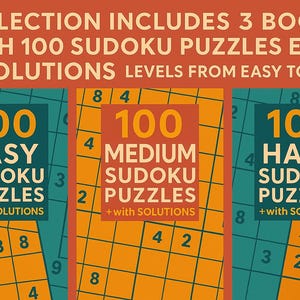 300 SUDOKU Puzzles with Solutions Bundle 2 (Easy, Medium, Hard) – A4 PDF – Instant Download