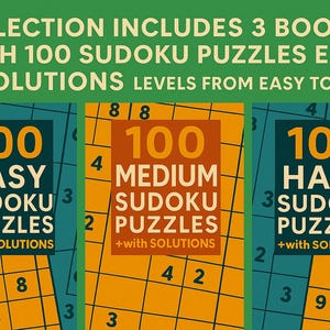 300 SUDOKU Puzzles with Solutions Bundle 6 (Easy, Medium, Hard) – A4 PDF – Instant Download