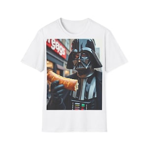 Darth Vader with a Sausage Roll Foodie T-Shirt | Unisex Softstyle Tee, Sci-Fi Humor Shirt, Geeky Gift, Casual Wear, Fun Star Wars Tee