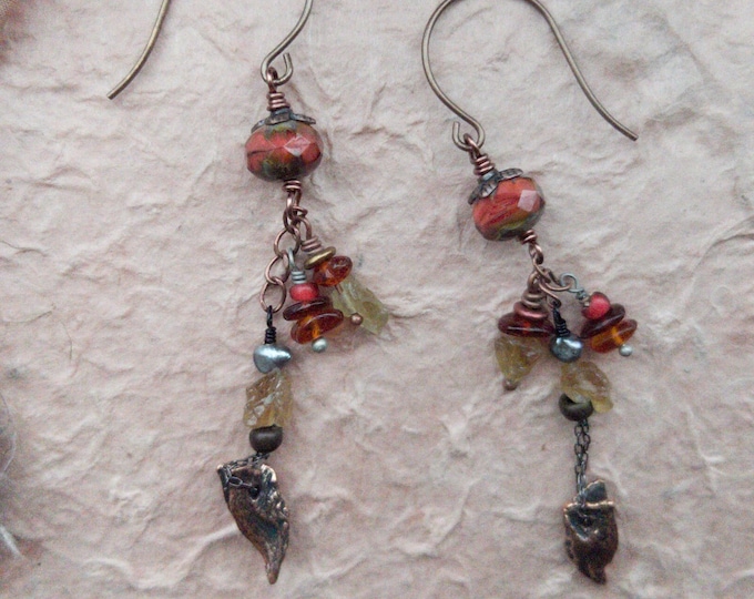 Winterfruit: Delicate coral, carnelian, green garnet, keishi pearl dangle earrings by alienBeadings