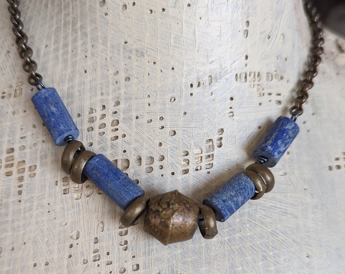 DarkWater: Lapis lazuli hexagon beads with African trade beads in bronze by  alienBeadings