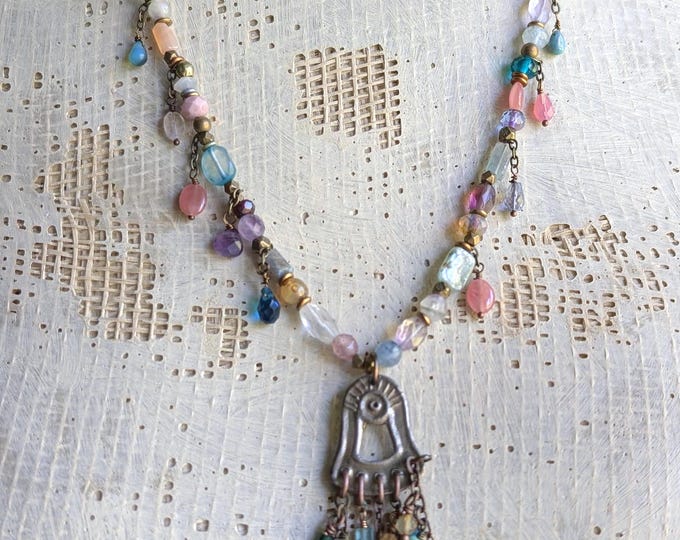 SUN RAY: Dangle focal necklace with many colored dancing gems