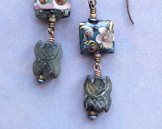 Bats and Flowers:  lampwork and carved jade simple dangle earrings by alienBeadings