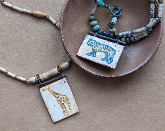 Waghoba & Twiga : Rustic artisan pendant with unisex stone bead choker - Tiger and Giraffe by Alienbeadings