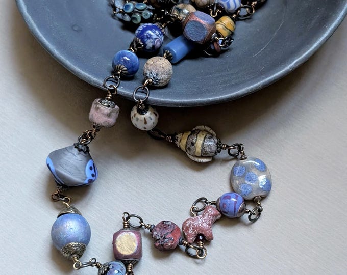 Unique Storyteller strand - "Slate & Clay" - all-different artisan beads on a long necklace