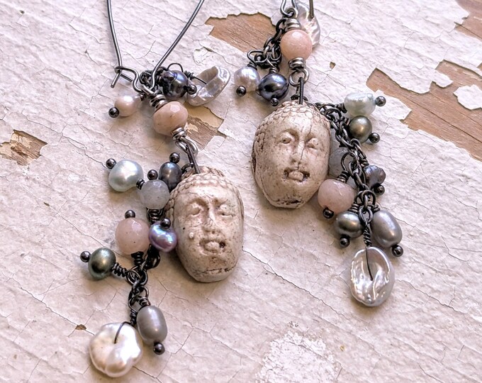 GRACES: Lovely visages with pearls and pink opal dangle earrings by alienBeadings