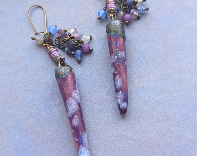 Overflowing Vases: tiny ceramic shards with gemstone dangle earrings by alienBeadings