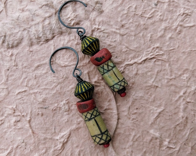 Drumbeats: Tribal trade bead and RusticOrganic cylinder earrings by alienBeadings