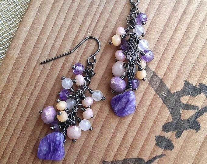 Charoite and Antique Pink Coral  Cluster Earrings by AlienBeadings