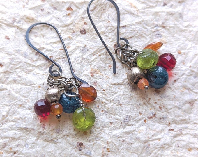 Multi-Gemstone Dangle Earrings: Oxidized Silver, Colorful Gemstone Jewelry