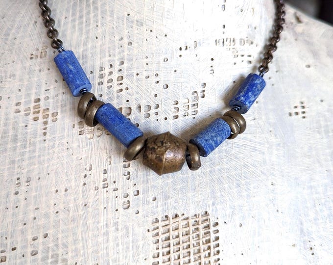 DarkWater: Lapis lazuli hexagon beads with African trade beads in bronze by  alienBeadings