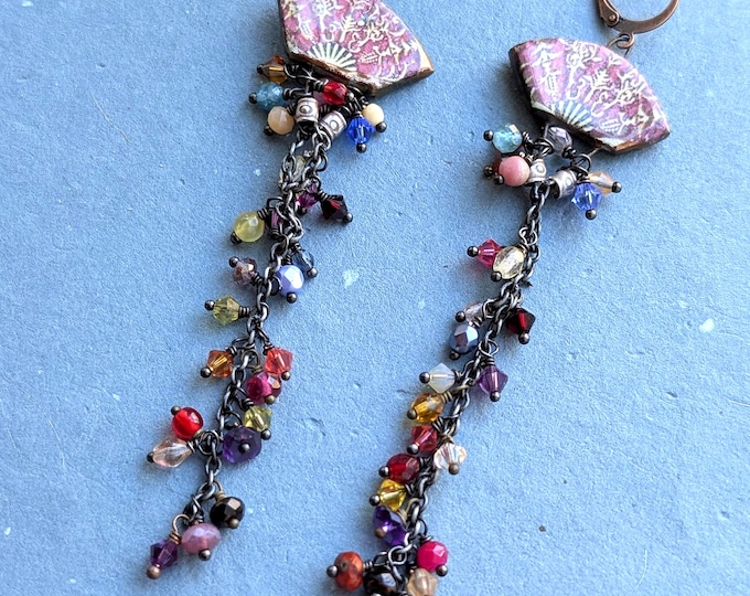 The Princess Fans: long gemstone and glass dangle earrings on a porcelain fan