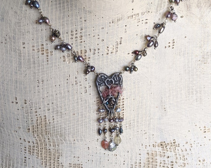 Tattered Heart: Embellished pewter heart with tiny pearl dangles and gemstones by alienBeadings