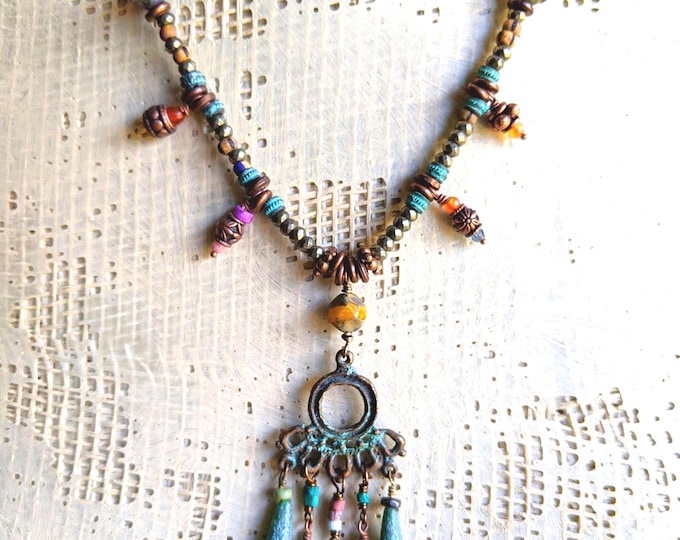 Mycenaean Princess: Boho chandelier necklace with tiny dangles and patina bronze by alienBeadings