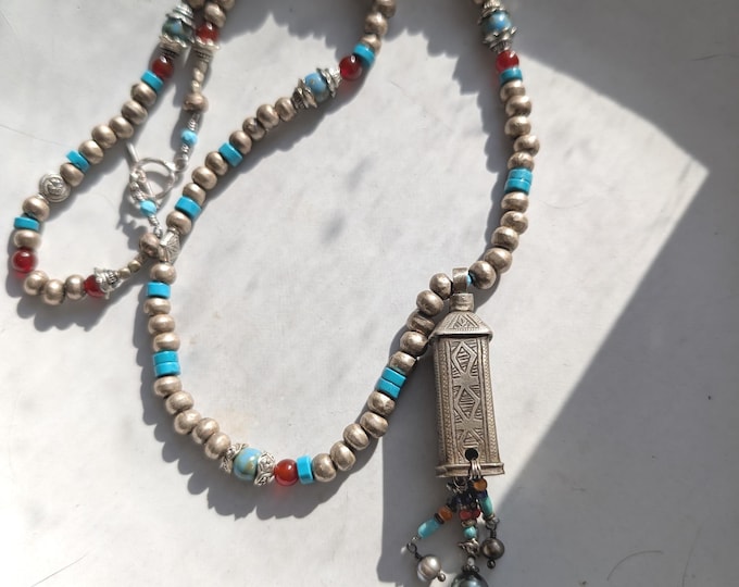 Ancient Architecture: antique silver pendant bead with trade beads, carnelian and turquoise