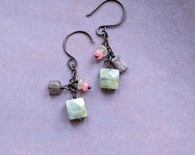Chex: Seafoam Aquamariane with Labradorite and Jade dangle earrings