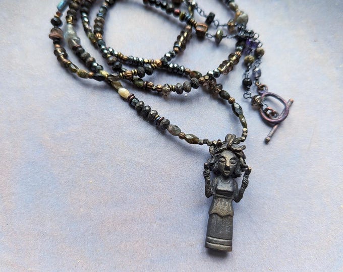 Turn to Stone: Long gemstone layering necklace with mythic creature in hand-cast bronze by alienBeadings