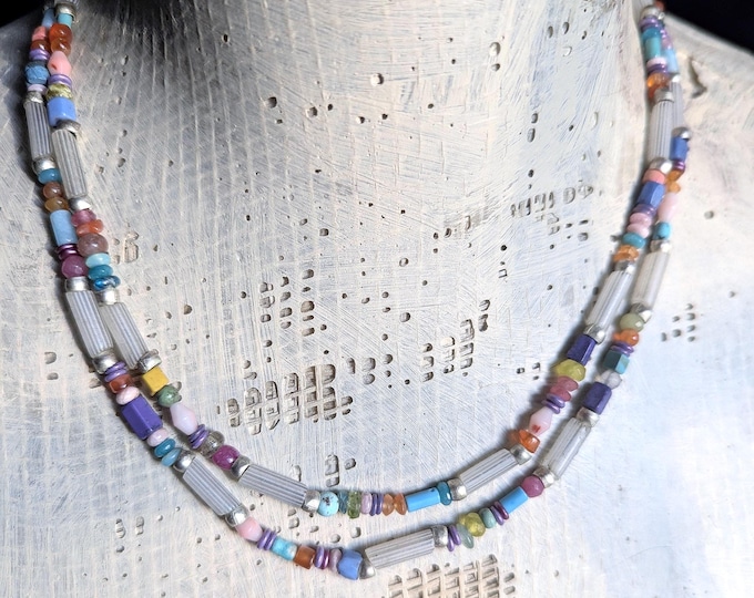 SEMAPHORE: Delicate Multi-gemstone Layering strand with antique Venetian gooseberry tubes