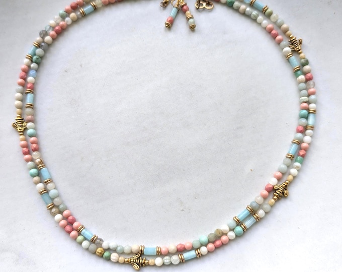 Bees: two delicate strands with pastel gemstone and fire polished glass rounds and some tiny honeybees