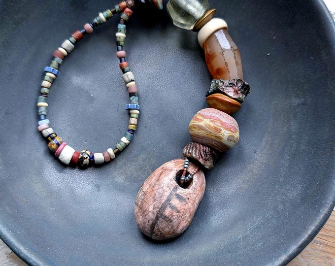 RESOLVE: Hand Mala with Artist and Ancient beads for Meditation in Earth colors