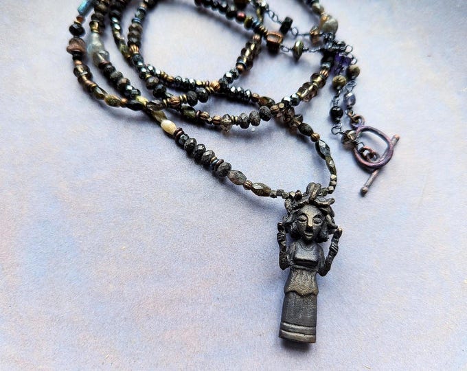 Medusa Pendant Necklace: Bronze Mythic Creature, Gemstone Layering Strand