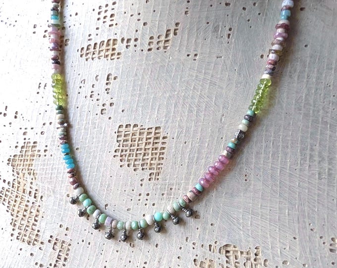 Tiny Bells: Multicolored gemstone delicate short necklace