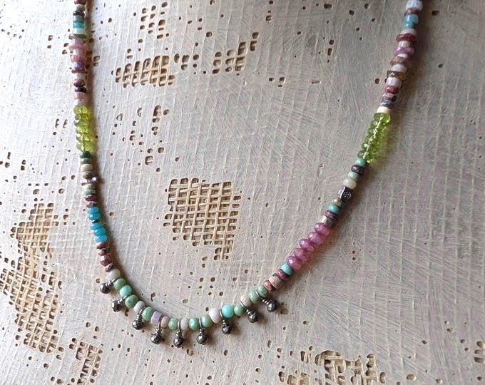 Tiny Bells: Multicolored gemstone delicate short necklace