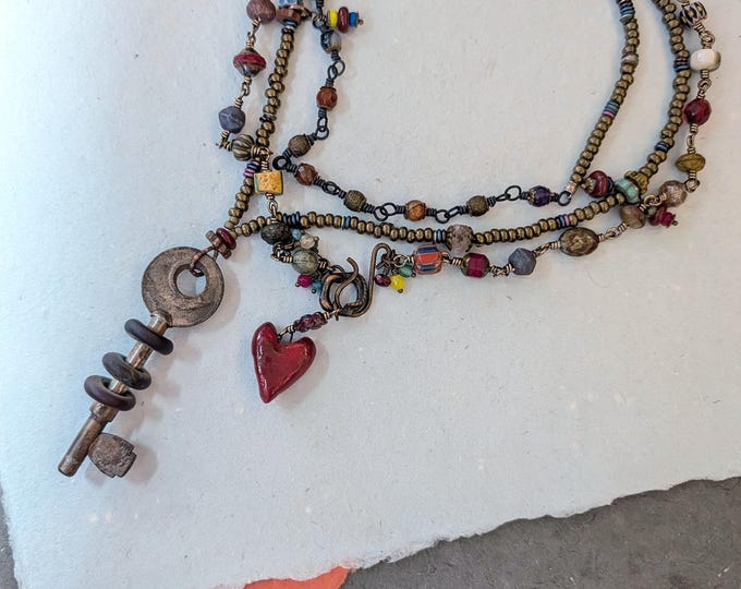 Heart & Key Pendants: Artisan beads, Gemstone and Czech Glass Necklace Set