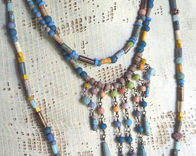 Merimde Baubles: Ancient Egyptian style necklace set with rustic beads and gemstone dangles